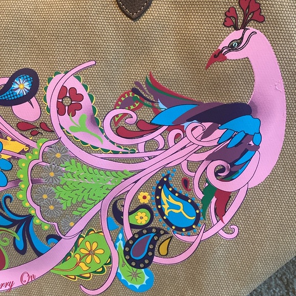 Canvas and Leather Peacock Tote Bag Designed by Childhood Cancer Survivor - Picture 3 of 12